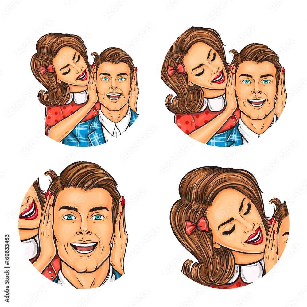 Vector illustration, womens and mens pop art round avatar icon for users of social networking, blogs. The woman closed ears to the man with her palms Vector illustration, womens and mens pop art round avatar icon for users of social networking, blogs. The woman closed ears to the man with her palms
