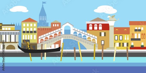 Vector illustration of Venice cityscape in simple style. Traditional Italian landscape. Houses in the old European style. River channel and boat.