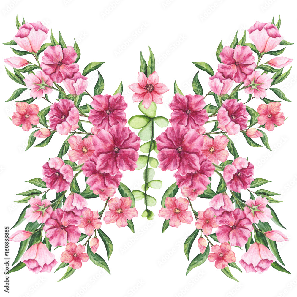 Floral Butterfly with Watercolor Bright Pink Flowers