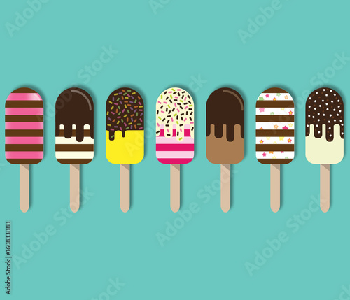 Colorful popsicle ice cream. Sweet summer dessert. 3d vector set of tasty colorful ice cream with different topping. Design for wallpaper, wrapping, fabric, background, apparel, prints, banners etc