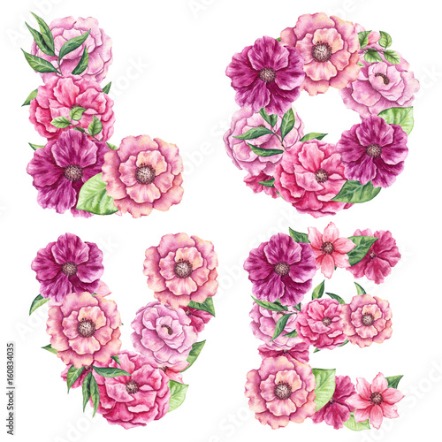 Word Love with Watercolor Pink Flowers and Green Leaves