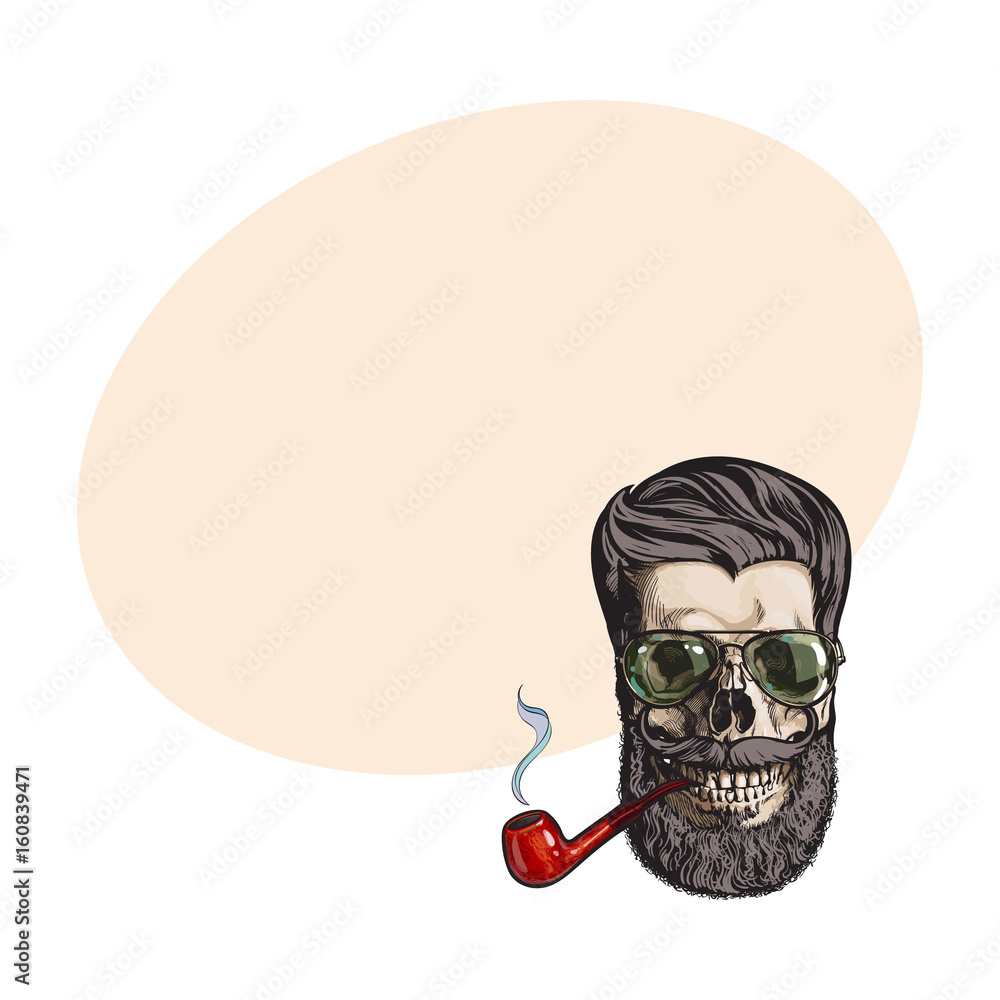 Human skull with hipster beard, wearing aviator sunglasses, smoking pipe,  sketch vector illustration with space for text. Hand drawing of human skull  with hipster hair, beard and whiskers Stock Vector | Adobe