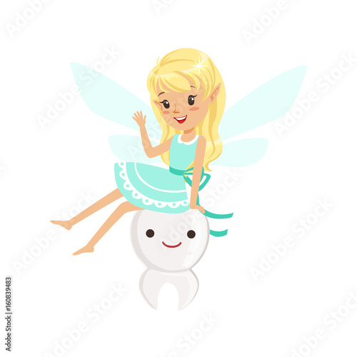 Beautiful sweet blonde Tooth Fairy girl sitting on a big tooth colorful cartoon character vector Illustration