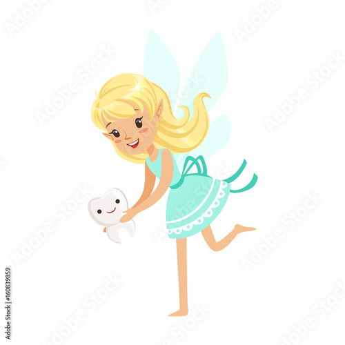 Beautiful sweet blonde Tooth Fairy girl holding smiling tooth colorful cartoon character vector Illustration