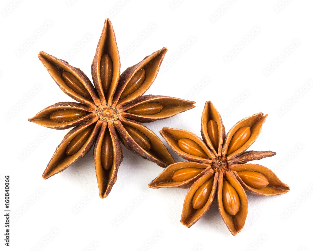 Close up star anise spice isolated on white background , overhead and top view Close up star anise spice isolated on white background , overhead and top view