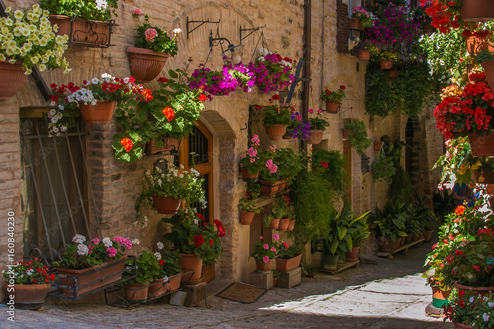 Vicolo fiorito di un borgo medievale italiano