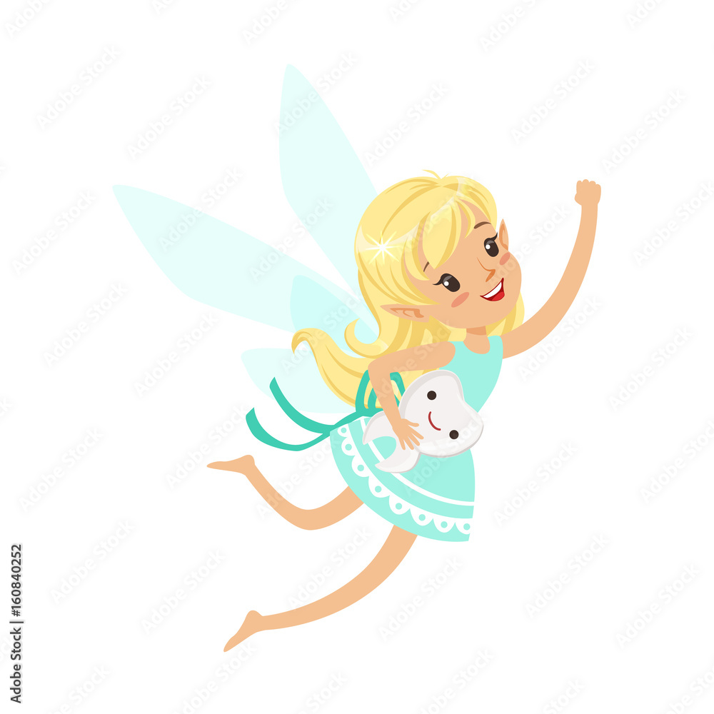 Beautiful sweet blonde Tooth Fairy girl flying with smiling tooth colorful cartoon character vector Illustration Beautiful sweet blonde Tooth Fairy girl flying with smiling tooth colorful cartoon character vector Illustration