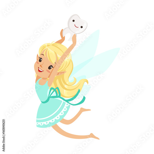 Cute cartoon blonde Tooth Fairy girl flying and bearing tooth above the head colorful character vector Illustration