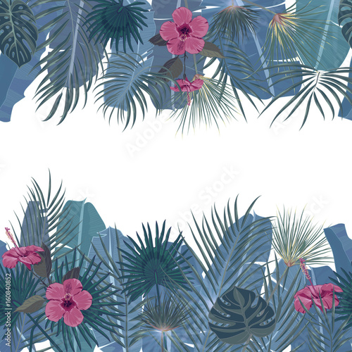 Hand drawn tropical palm leaves and jungle exotic flower holiday template on white background with seamless frame border