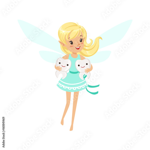 Beautiful sweet smiling blonde Tooth Fairy girl flying and holding two teeth colorful cartoon character vector Illustration