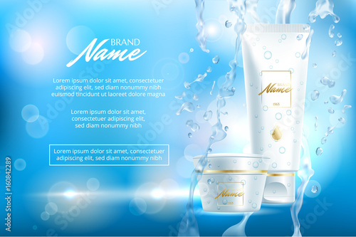 Advertising poster for cosmetic product for catalog, magazine. Vector design of cosmetic package. Moisturizing cream, gel, body lotion with vitamins. Vector illustration with isolated objects