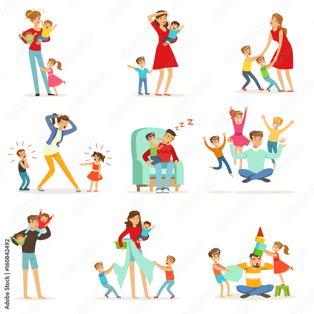 Fototapeta premium Tired parents and their children set, parenting stress vector Illustration