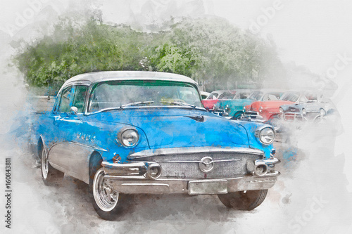 Obraz na płótnie Błękitny stary samochód w Kuba, akwarela