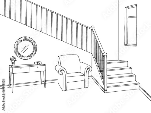Hallway graphic stairs black white interior sketch illustration vector