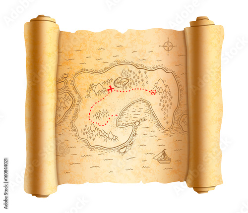 Realistic ancient pirate map of island on old scroll with red path to treasure