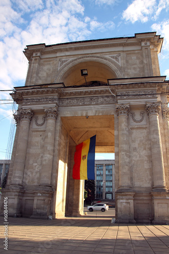 Victory Arch in Chisinau in the evening, illuminated by the sun.