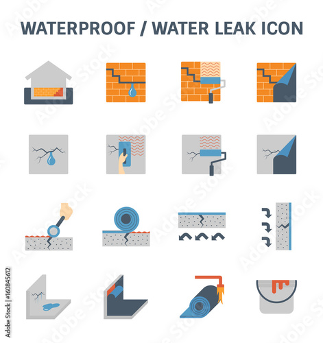Waterproofing and water leak vector icon set design.