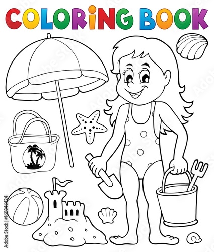 Coloring book girl and beach objects