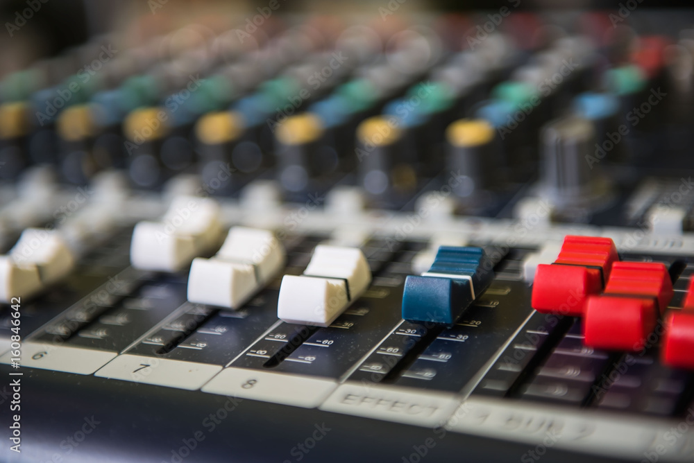 Closeup adjustment tools Audio sound mixer music, technology. Closeup adjustment tools Audio sound mixer music, technology.