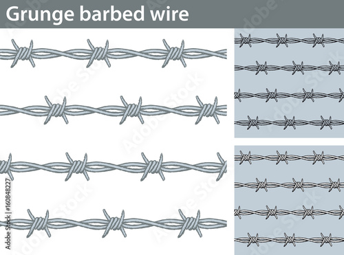 Grunge barbed wire. Three different versions of a seamless pattern  with barbed wire: unfilled, with white and colored fill.