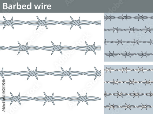 Barbed wire. Three different versions of a seamless pattern  with barbed wire: unfilled, with white and colored fill.