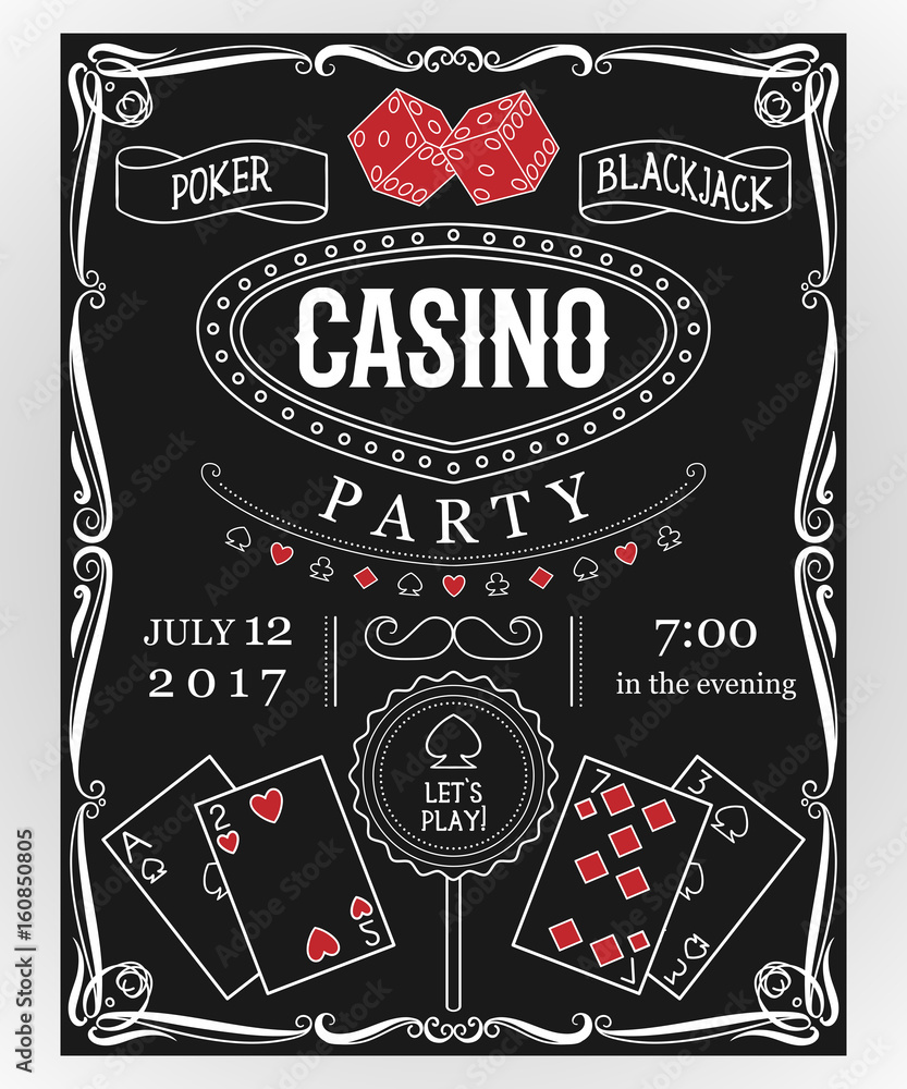 Obraz premium Casino party invitation on chalkboard with decorative elements. Vintage vector illustration