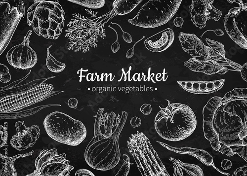 Vegetable hand drawn vintage vector illustration. Farm Market poster. Vegetarian set of organic products.
