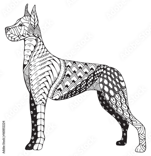 Great Dane dog zentangle stylized, freehand pencil, hand drawn, pattern. Zen art. Ornate vector. Coloring.