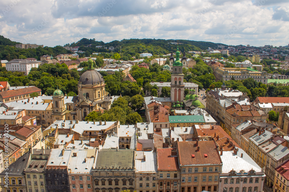 Aerial panoramic view of Lviv with the most famous sights from Lviv city hall, Ukraine