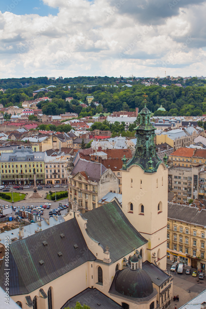 Aerial panoramic view of Lviv with the most famous sights from Lviv city hall, Ukraine