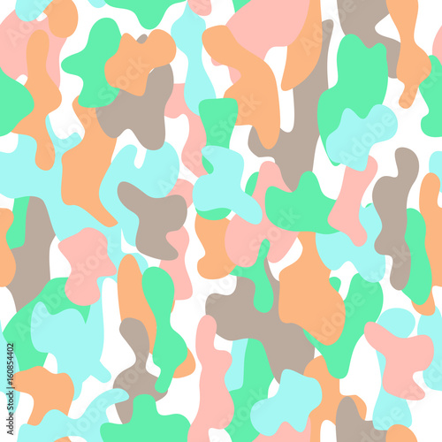 Camouflage seamless pattern in a brown, blue, pink, orange and green colors. © loveandrock