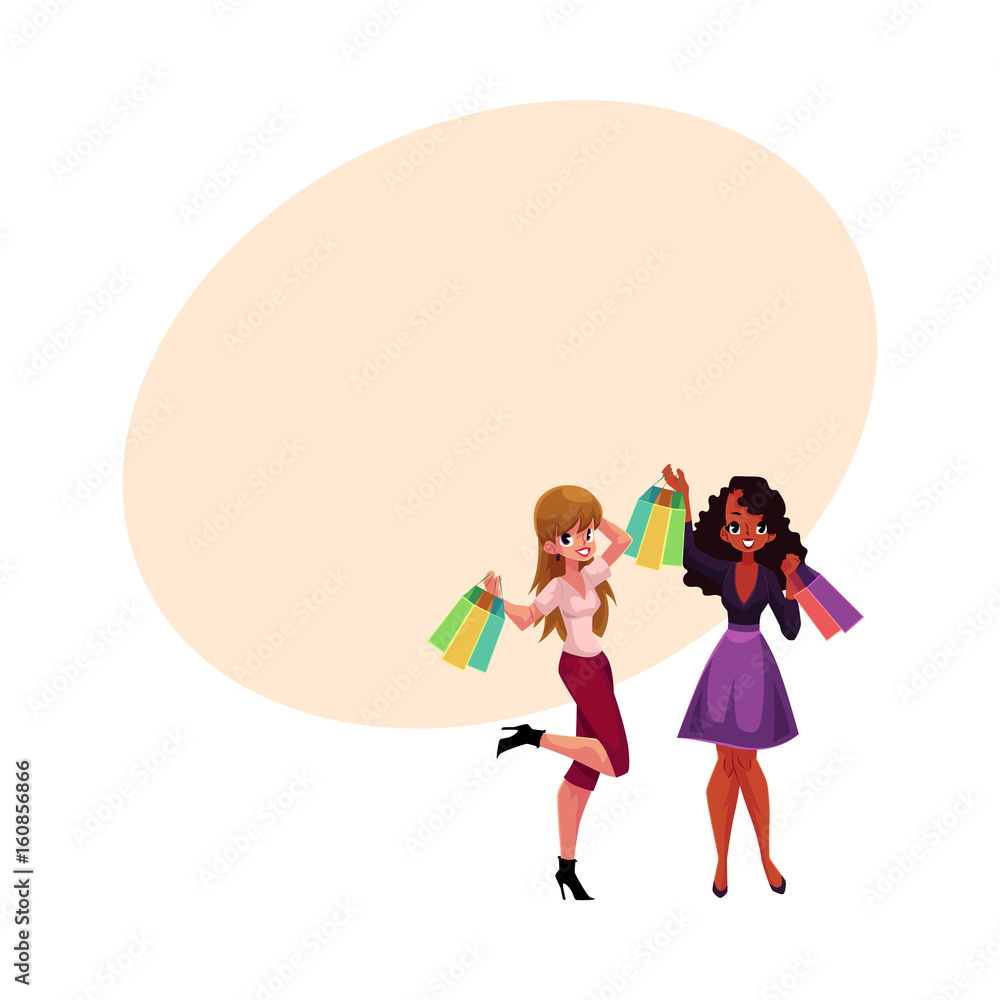 Two happy women, girls, friends with shopping bags, holiday sale concept, cartoon vector illustration with space for text. Couple of girls, women with shopping bags, happy shopping concept Two happy women, girls, friends with shopping bags, holiday sale concept, cartoon vector illustration with space for text. Couple of girls, women with shopping bags, happy shopping concept