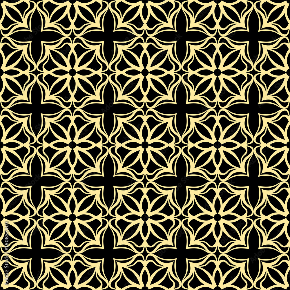 Seamless ornamental luxury pattern. Black and golden textile print. Islamic vector background. Floral tiles. Template can be used for fabric, textile, cloth, wrapping paper, oilcloth, and other design