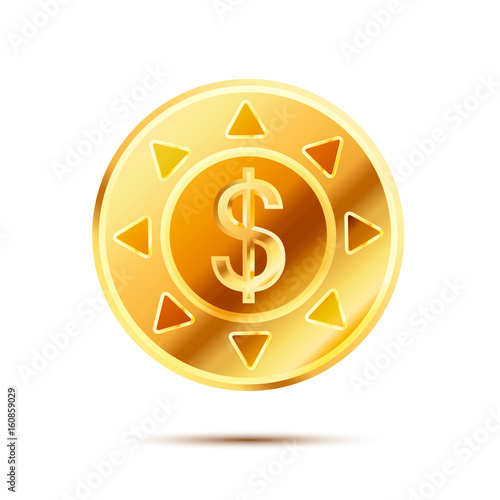 Bright glossy golden coin with dollar sign on white