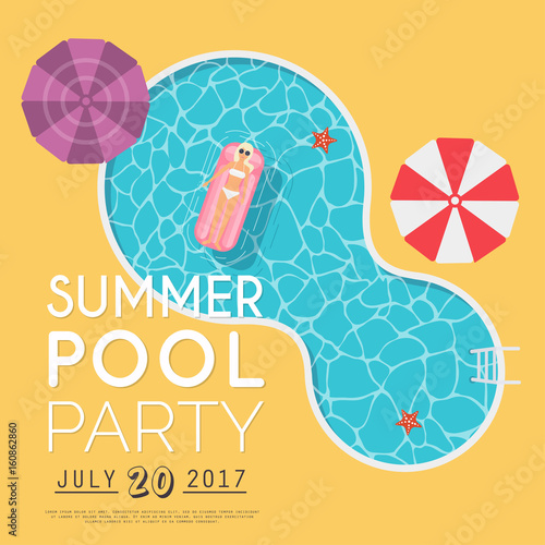 Summer pool party invitation. Flyer or banner template. Flat design elements, minimalist style. Vector illustration.