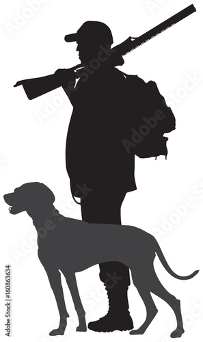 Hunting dog and hunter with the gun vector silhouette, Weimaraner gundog breed