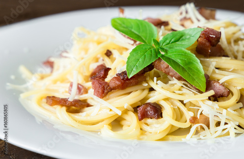 closeup of Pasta Carbonara. Spaghetti with bacon and parmesan cheese.