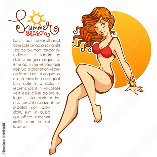 Summer season, cartoon vector girl in red swimsuit