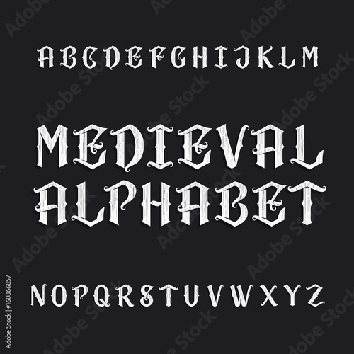 Old medieval alphabet vector font. Distressed type letters on a dark background. Vintage vector typeface for labels, headlines, posters etc.