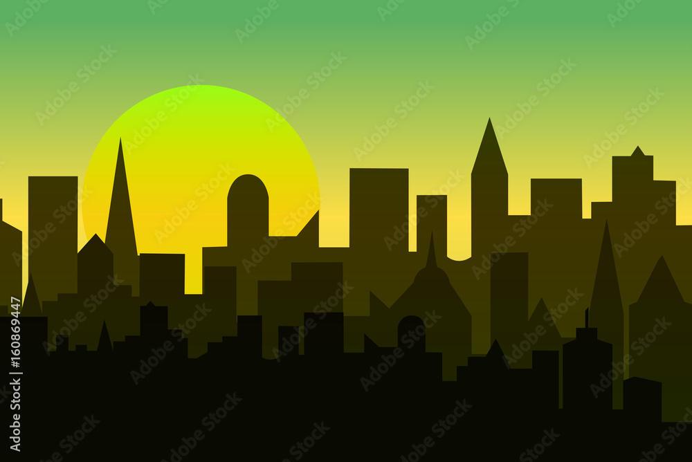 Set of cityscape at dawn. Horizontal banner with metropolis panorama.