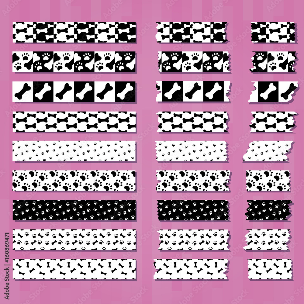 Set of cute decorative tapes of doggish style. Paws and bones. Collection of different strips ans scotches. Set of cute decorative tapes of doggish style. Paws and bones. Collection of different strips ans scotches.