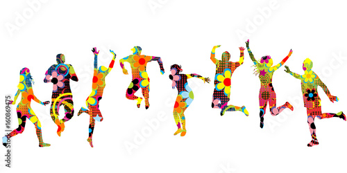 Floral patterned silhouettes of women and men jumping
