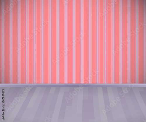 Background. Empty room with wooden grey floor or parquet and striped wallpaper.