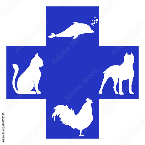 Veterinary cross with dog, dolphin, rooster and cat inside. Logo klinik