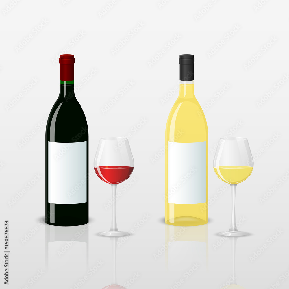 Bottles with red and white wine and glasses Bottles with red and white wine and glasses