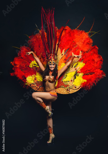 Cute young girl in bright colorful carnival costume on dark background