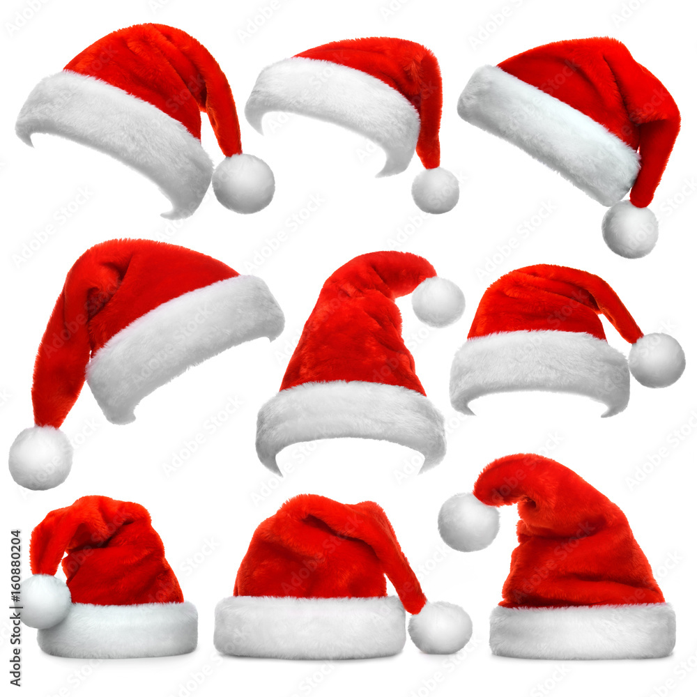 Set of red Santa Claus hats isolated on white background Set of red Santa Claus hats isolated on white background