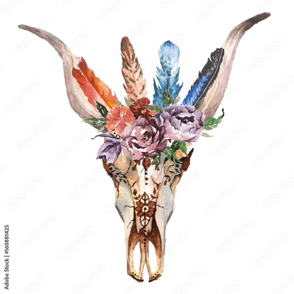 Watercolor isolated bull's head with flowers and feathers on white ...