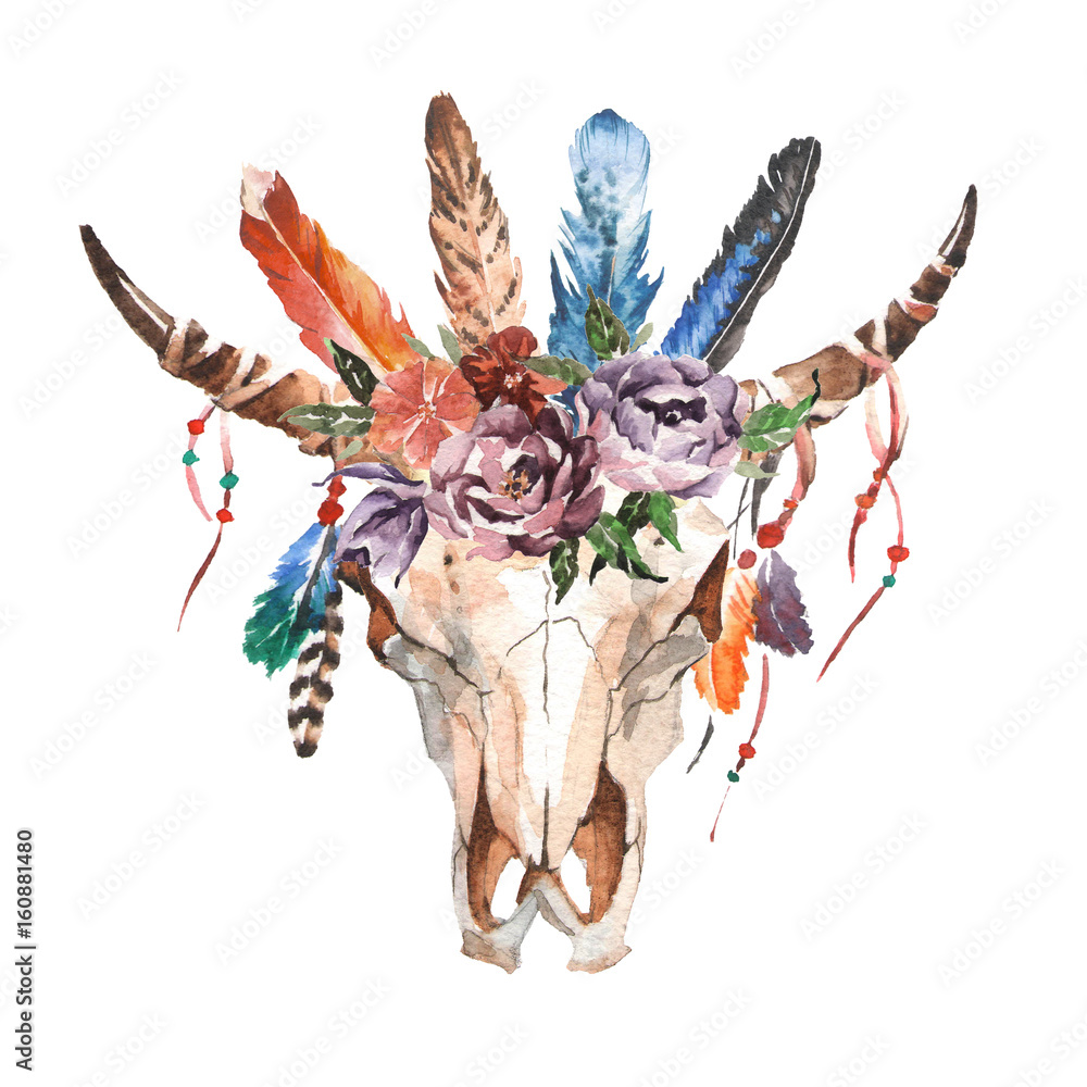 Watercolor isolated bull's head with flowers and feathers on white ...