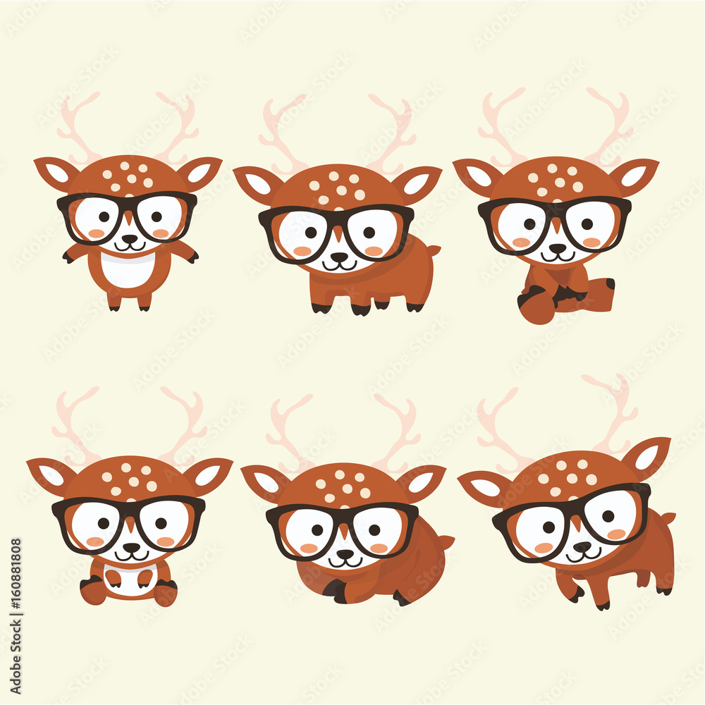 Funny little deer set in different poses. Collection isolated deer in cartoon style.